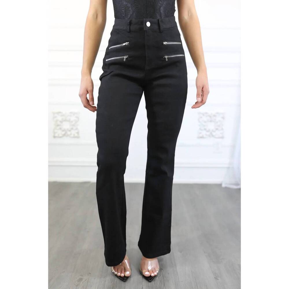 NEW SURELYMINE double zipper detail flared slack pant in black